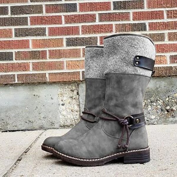 Women's Buckle Mid-Calf Nubuck Low Heel Boots