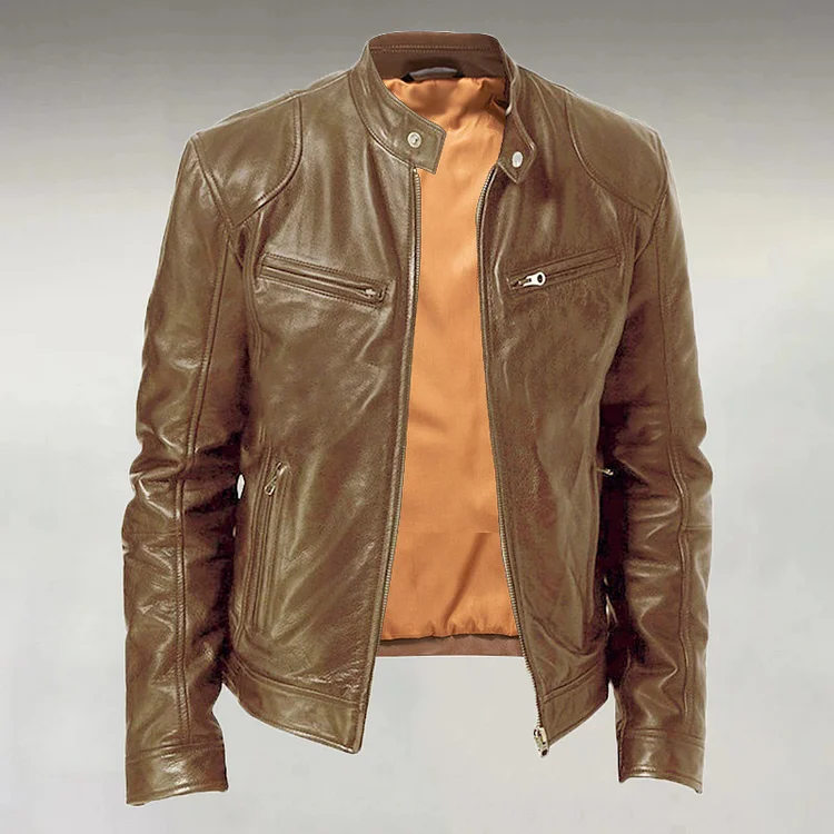 Men's Plain Zipper Pocket Stand Collar Slim PU Leather Jacket