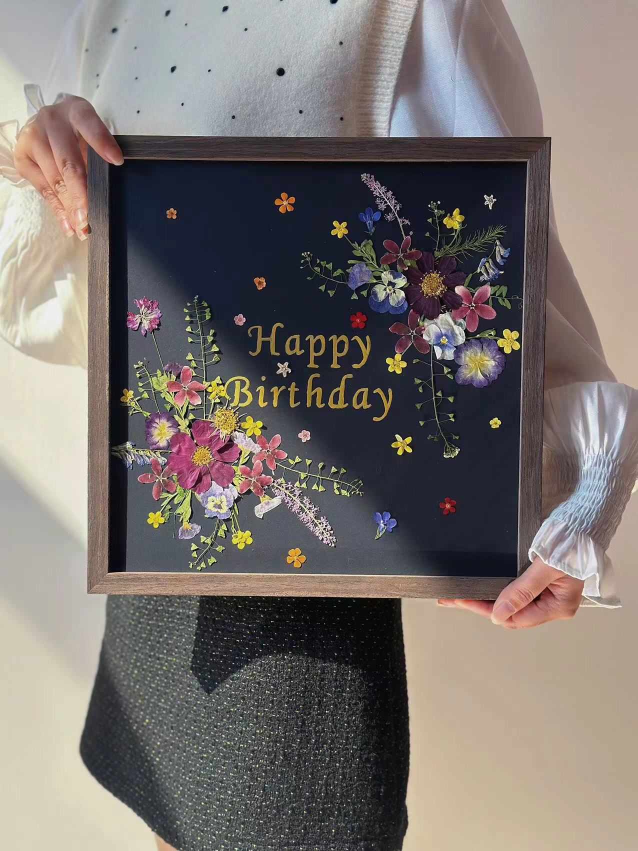 Happy Birthday 1 |Resin Or Wooden Fame |Custom Pressed Flower Preservation | Wedding Flowers | Memorial Flower | Meadow Design | Home Decor