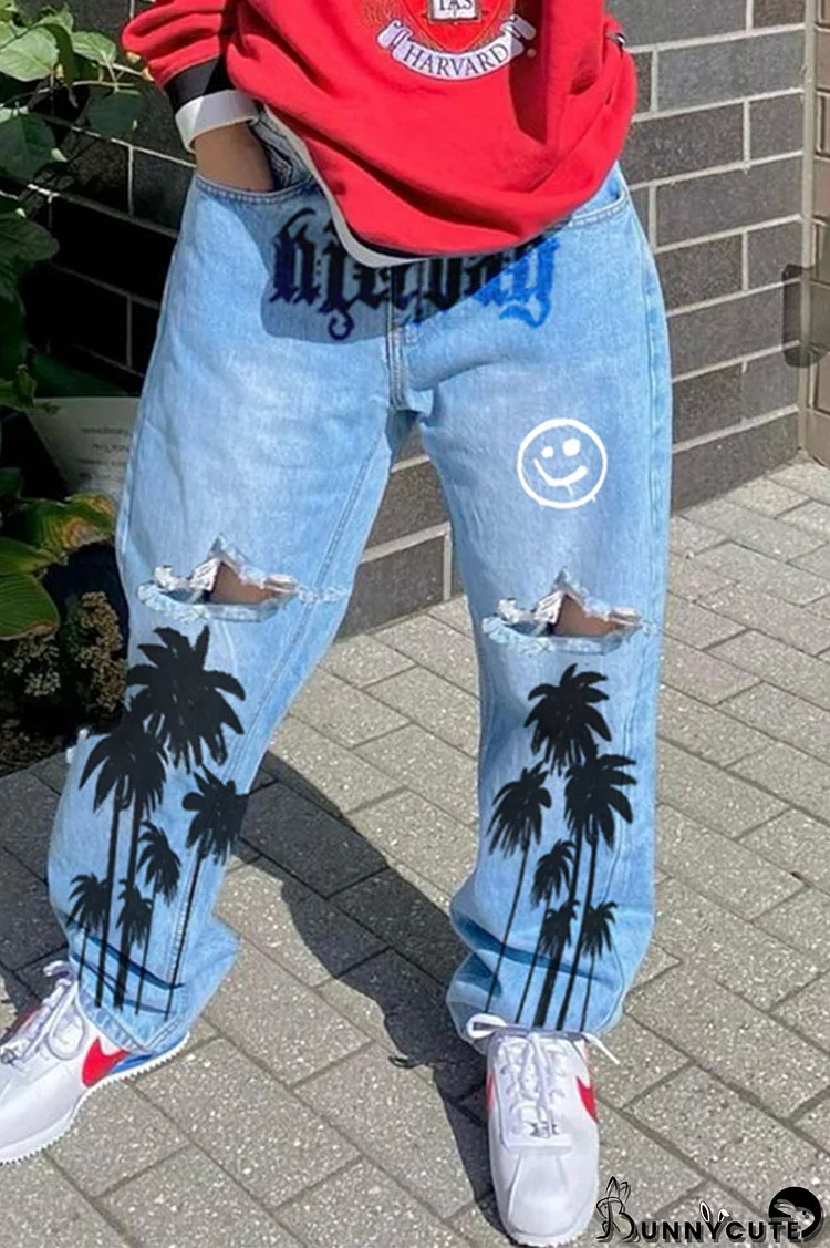 Baby Blue Fashion Casual Ripped High Waist Regular Denim Jeans