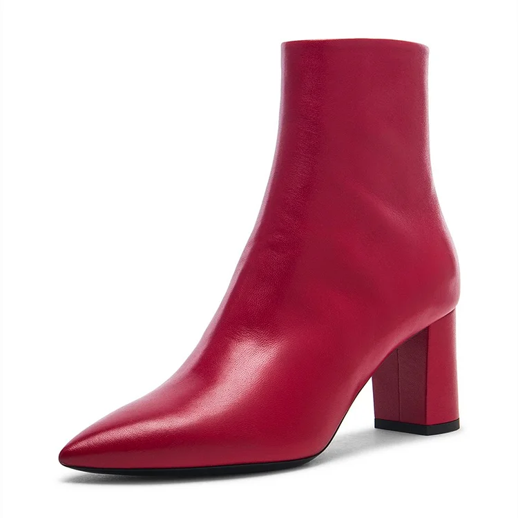 Red Classic Chunky Heels Pointy Toe Ankle Boots |FSJ Shoes