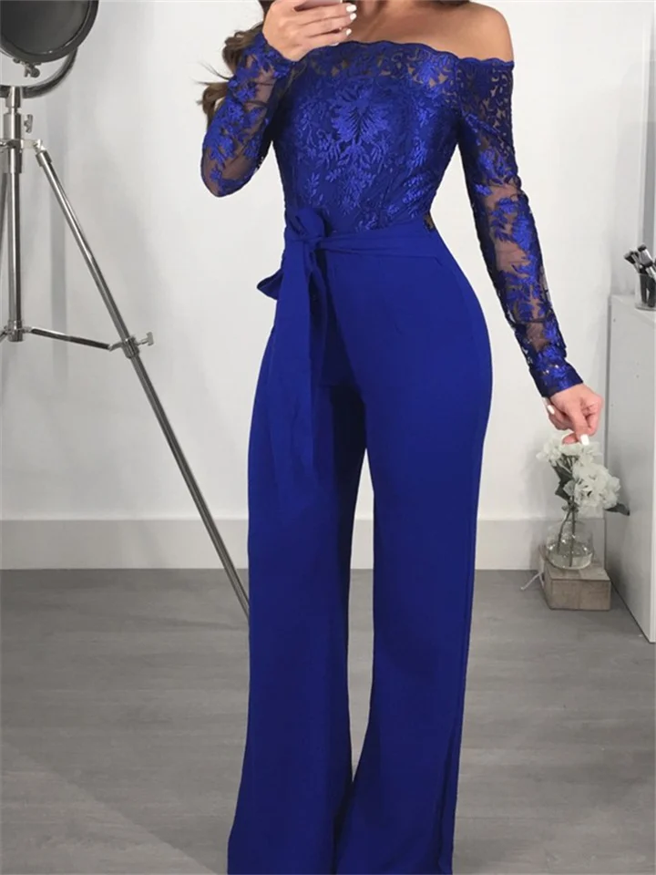 Women's Sexy 2022 Blue Black Wine Jumpsuit Floral Tulle Chiffon Lace / Wide Leg-JRSEE