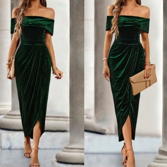 Women's Elegant Off The Shoulder Velvet Wrap Midi Dress