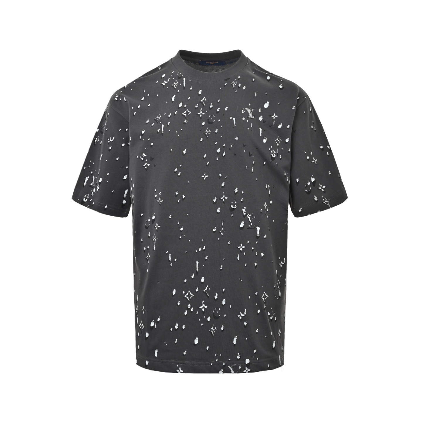 Front view of charcoal grey splatter print t-shirt
