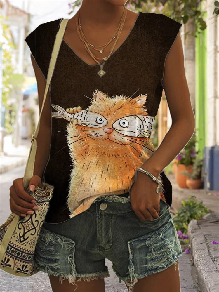 Funny Cat & Fish Graphic V Neck Tank Top