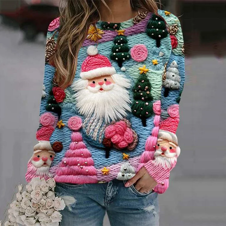 Lässiges, langärmliges Damen-Sweatshirt mit Rundhalsausschnitt und mehrfarbigem Weihnachtsmann- und Weihnachtsbaum-Print