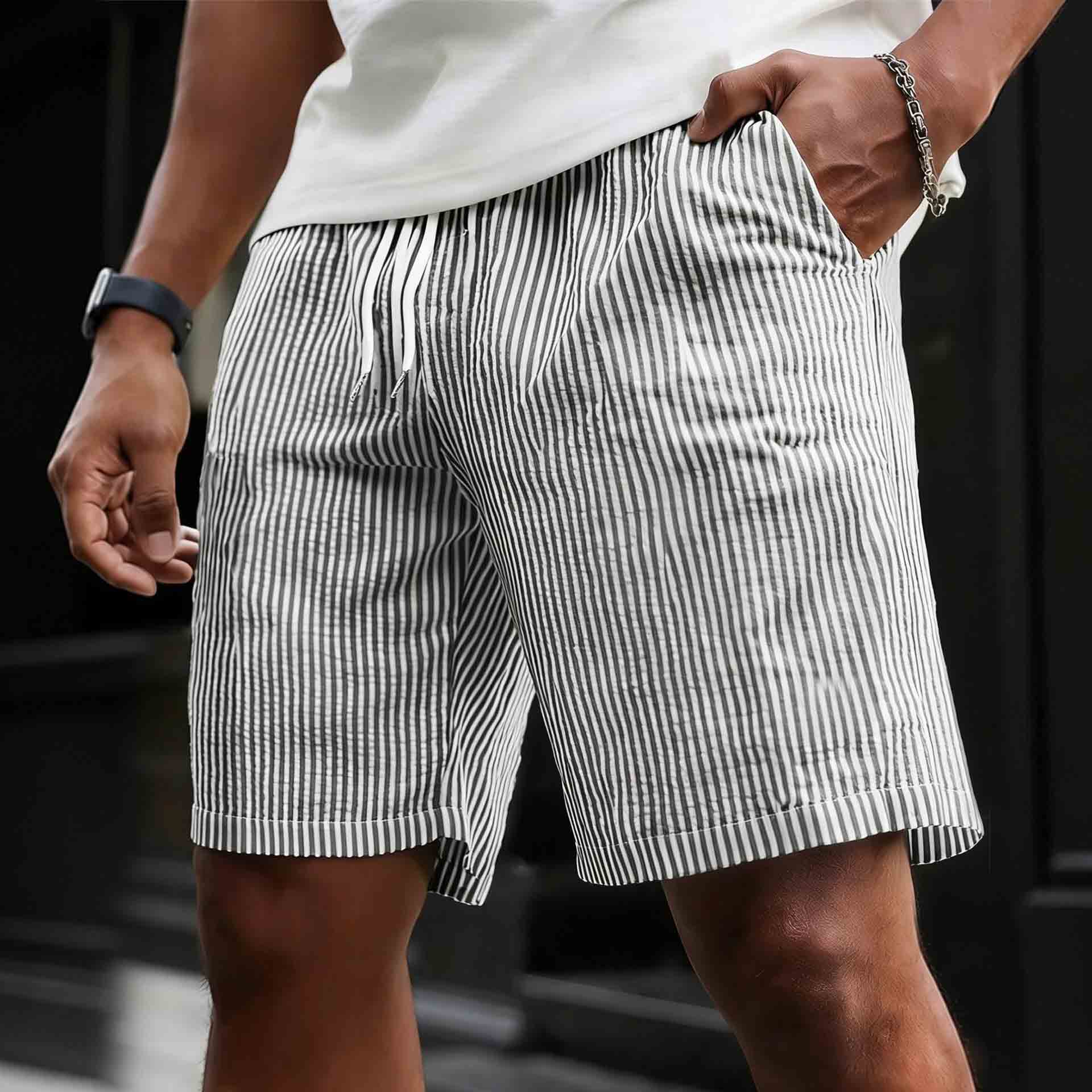 Men's Vintage Striped Beach Vacation Elastic Waist Drawstring Shorts