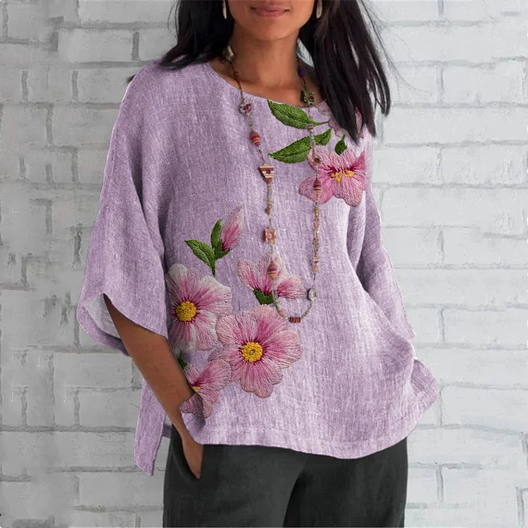 VChics Vintage Pink Floral Embroidery Art Linen Blend Cozy Tunic