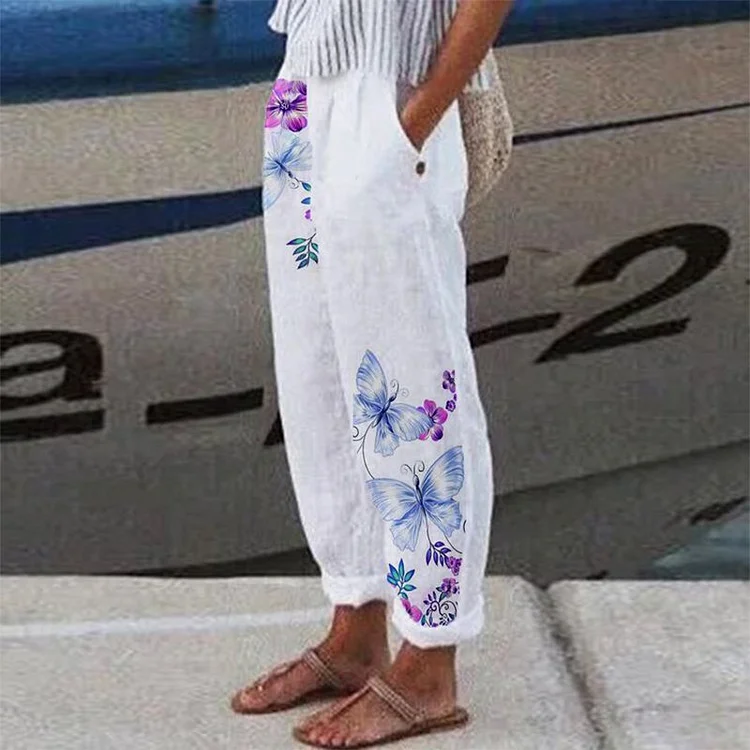 Loose Pocket Butterfly Print Track Pants