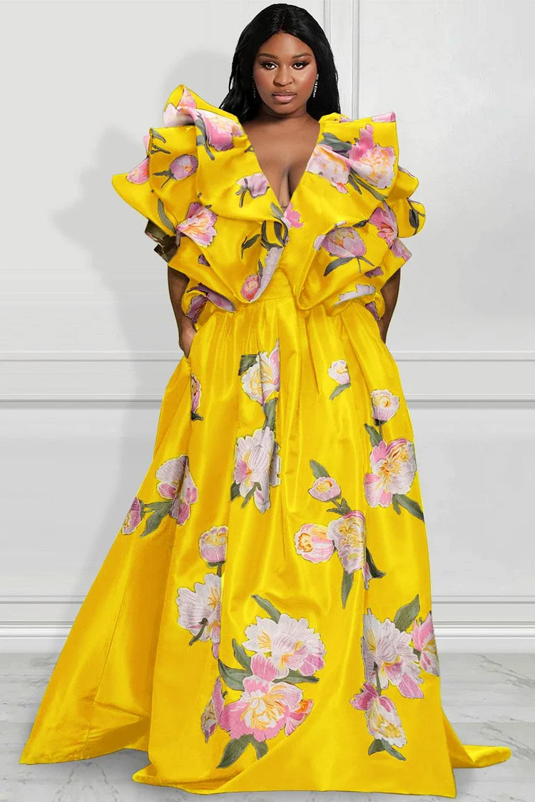 Xpluswear Design Plus Size Formal Yellow Floral V Neck Flutter Sleeve Ruffle Pocket Satin Maxi Dresses [Pre-Order]