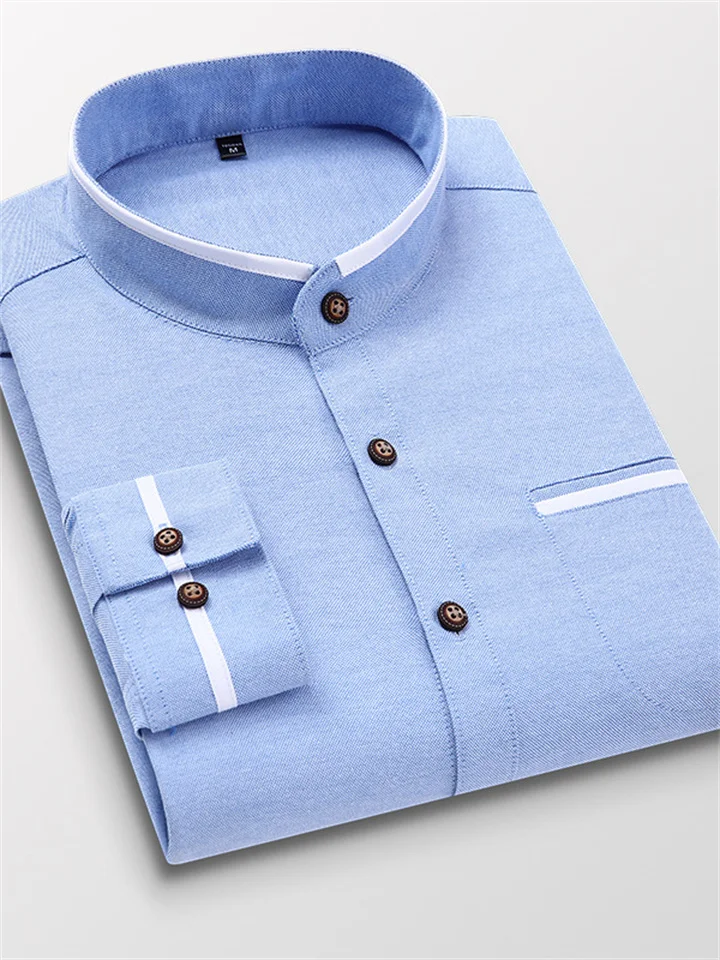 Men's Dress Shirt White Blue Light Blue Long Sleeve Solid / Plain Color Standing Collar Spring & Fall Wedding Clothing Apparel