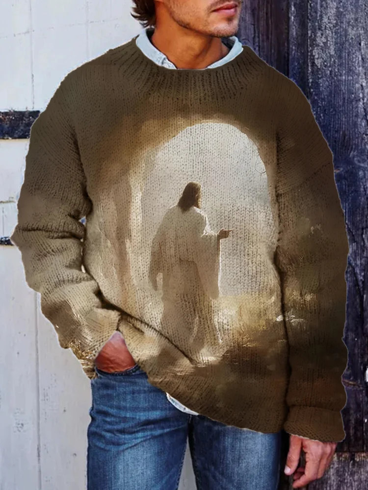 Men's Oil Painting Art Jesus Print Knit Sweatshirt