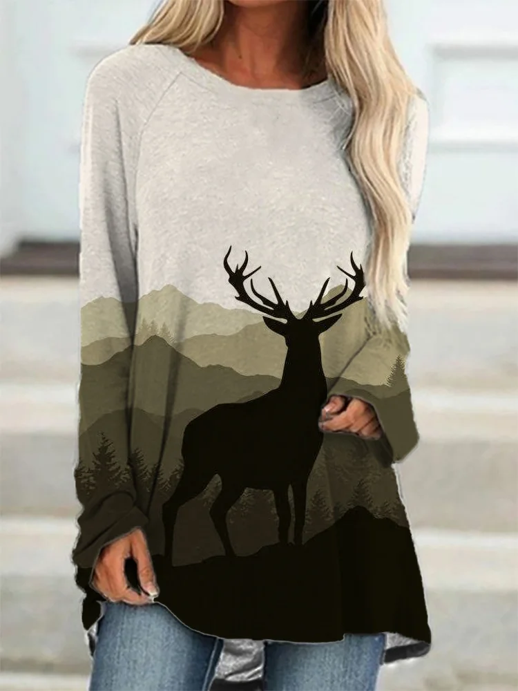 Vefave Forest Deer Gradient A Line T Shirt
