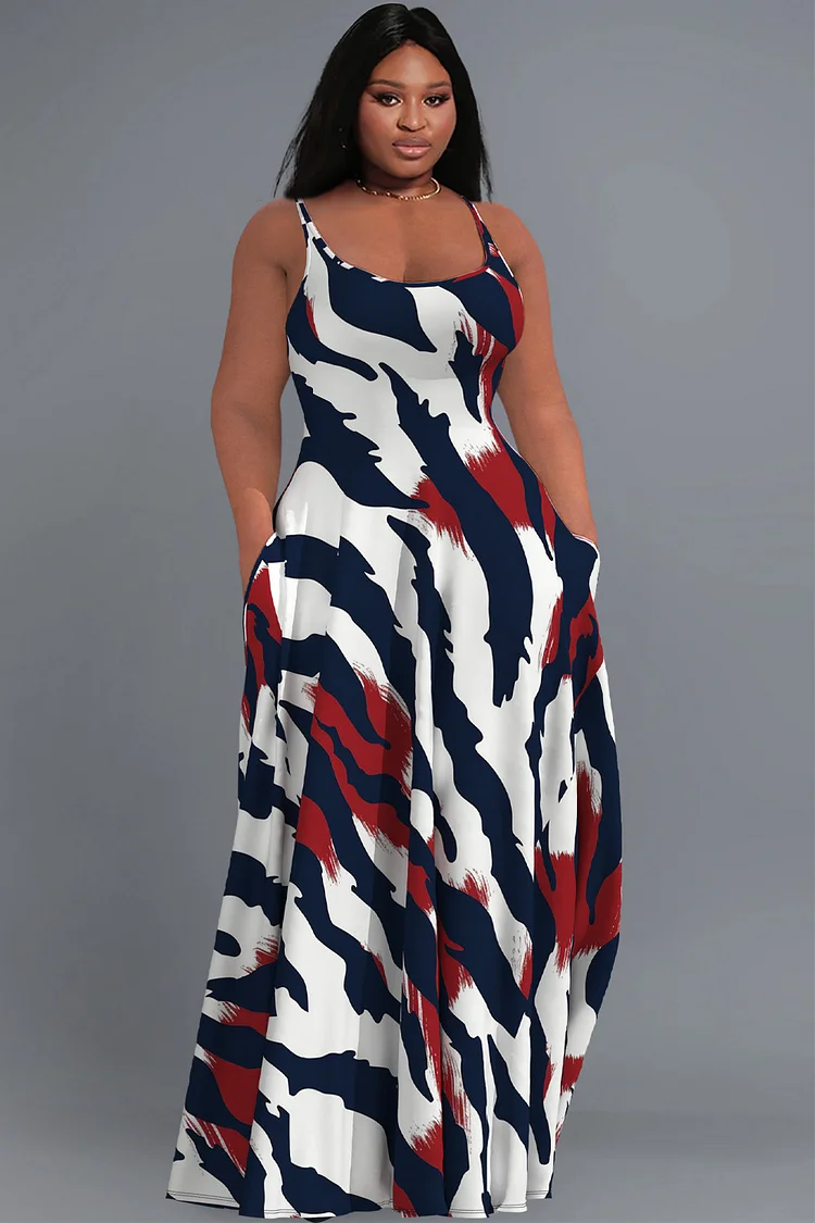 Xpluswear Design Plus Size Vacation Sundress Multicolor Print Cami With Pockets Maxi Dresses