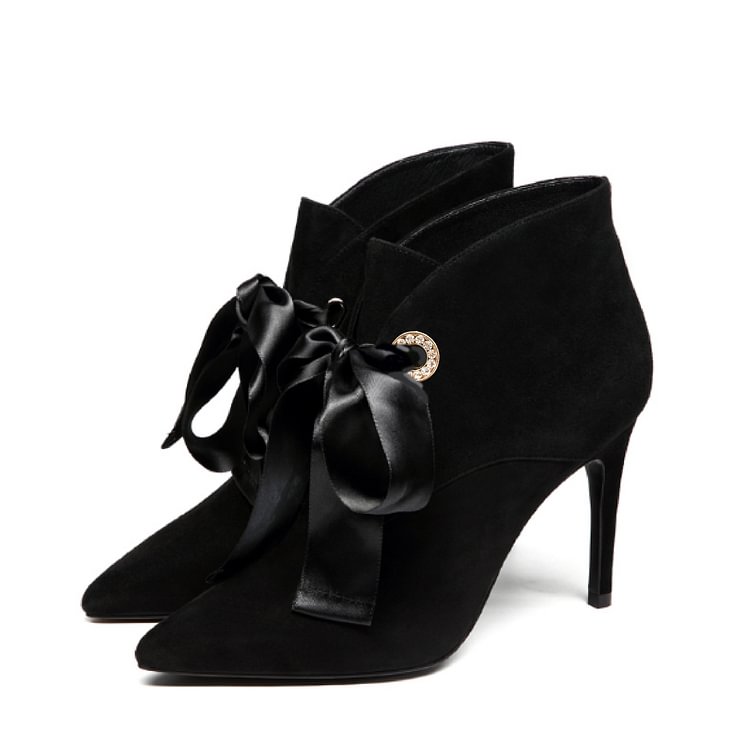 Black Bowknot Rhinestone Stiletto Heel Ankle Booties |FSJ Shoes