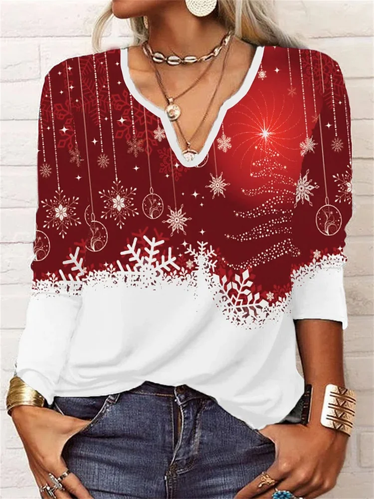 Christmas U-Neck Button T-shirt VangoghDress