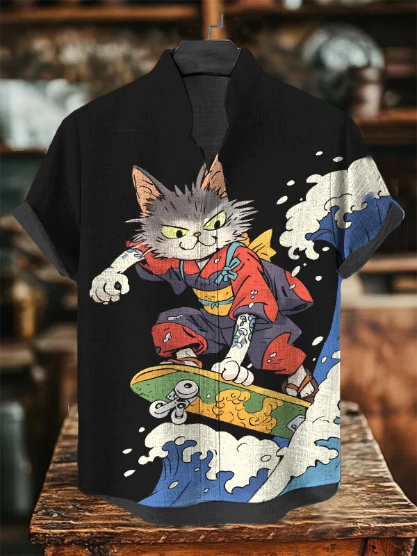 Men's Handsome Cat Surfing Art Print Casual Shirt