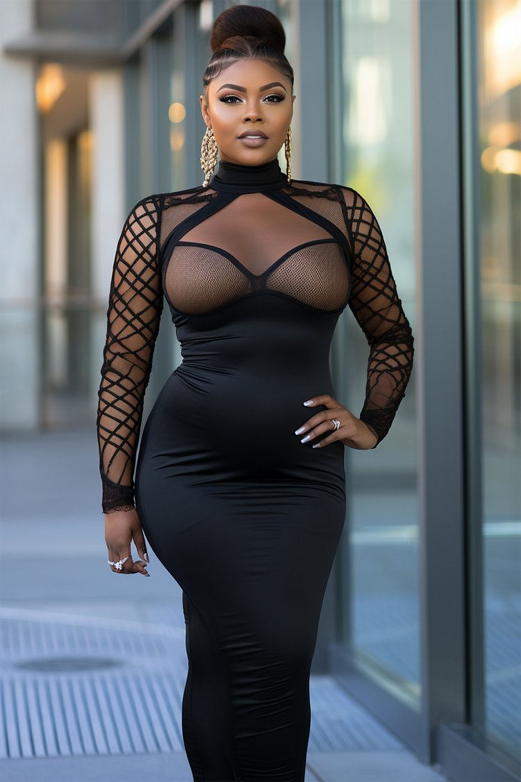 Plus Size Party Maxi Dresses Black Fall Winter Long Sleeve See Through Satin Maxi Dresses [Pre-Order]