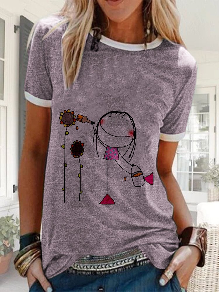 Cartoon Girl Flower Printed Short Sleeve Casual T shirt P1664660