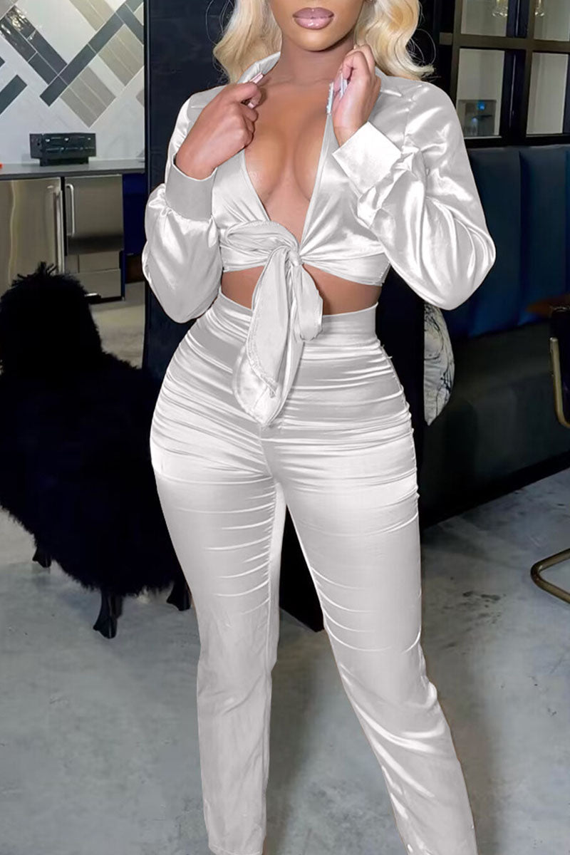 Sexy Solid Bandage Hollowed Out Patchwork Fold Turndown Collar Straight Jumpsuits(4 Colors) main image 0