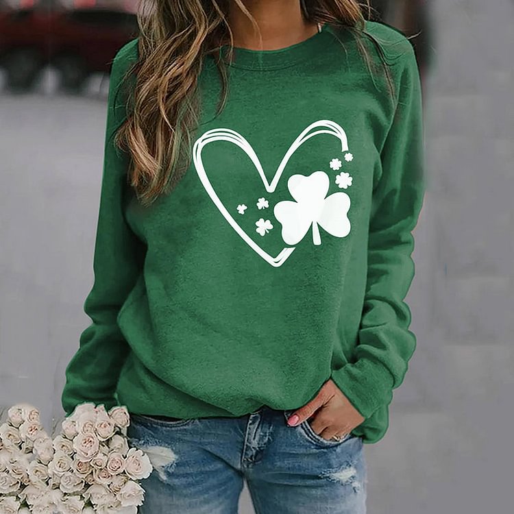 VChics Heart Shamrock Print Long Sleeve Sweatshirt