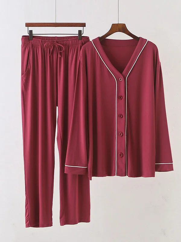 Two Pieces Solid Color Loose Comfort Tops And Pants Pajamas
