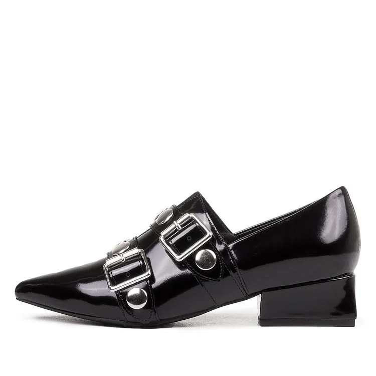 Black Buckles Pointy Toe Block Heel with Rivets Loafers Vdcoo