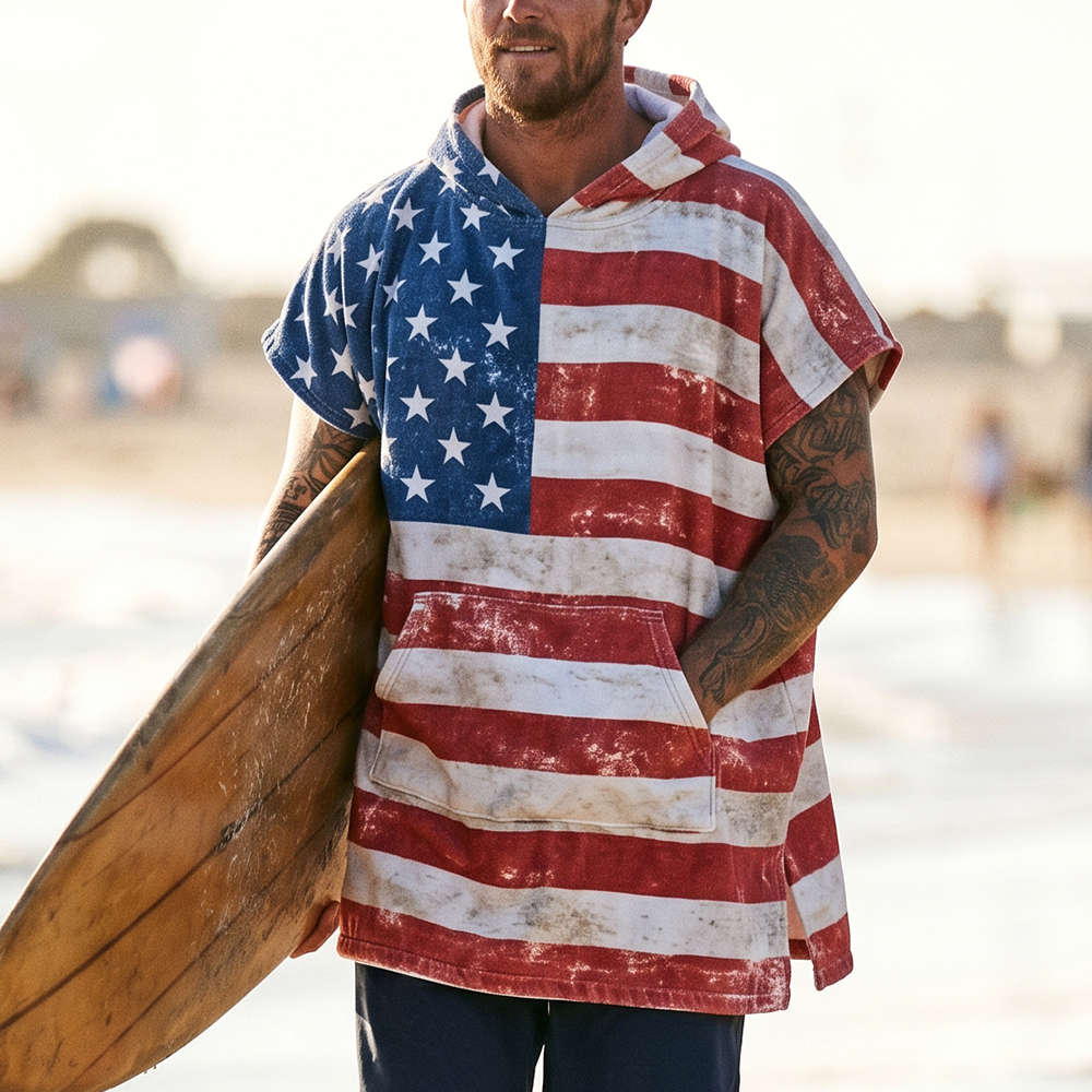 thesupersurf American Flag Hooded Beach Towel, 100% Cotton Quick-Dry Surf Poncho With Pockets And Distressed Design For Beach, Pool, Or Travel