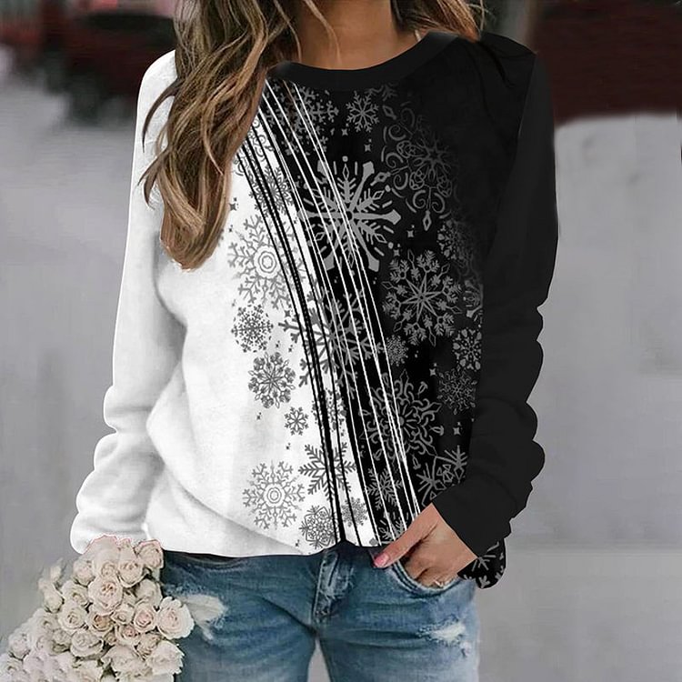 VChics Vintage Contrast Color Snowflake Print Long Sleeve Sweatshirt
