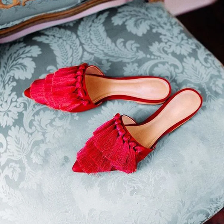 Red Vegan Suede Pointed Toe Flat Mules with Fringes |FSJ Shoes