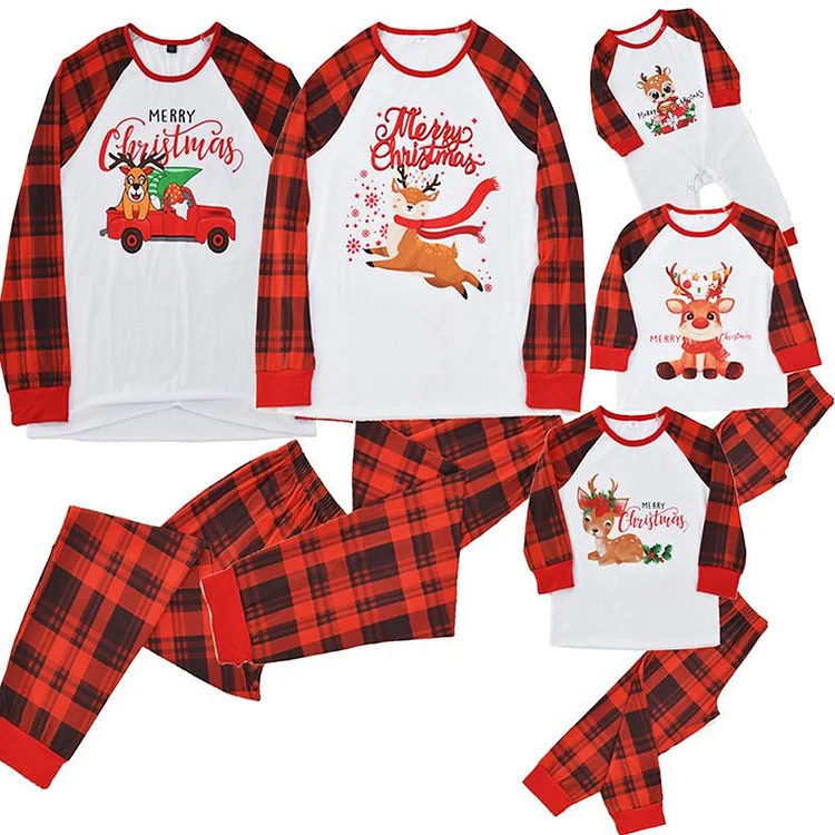 Christmas Family Matching Sleepwear Pajamas Sets Deer Merry Christmas Plaids Top and Pants