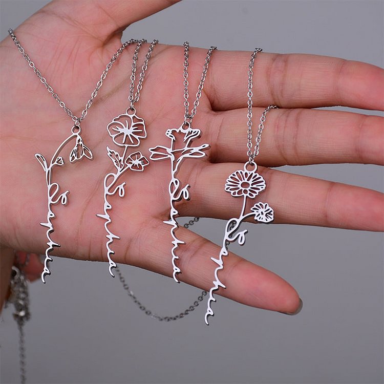 925 Silver Customized Name Flower Birth Month Flower Name Necklace