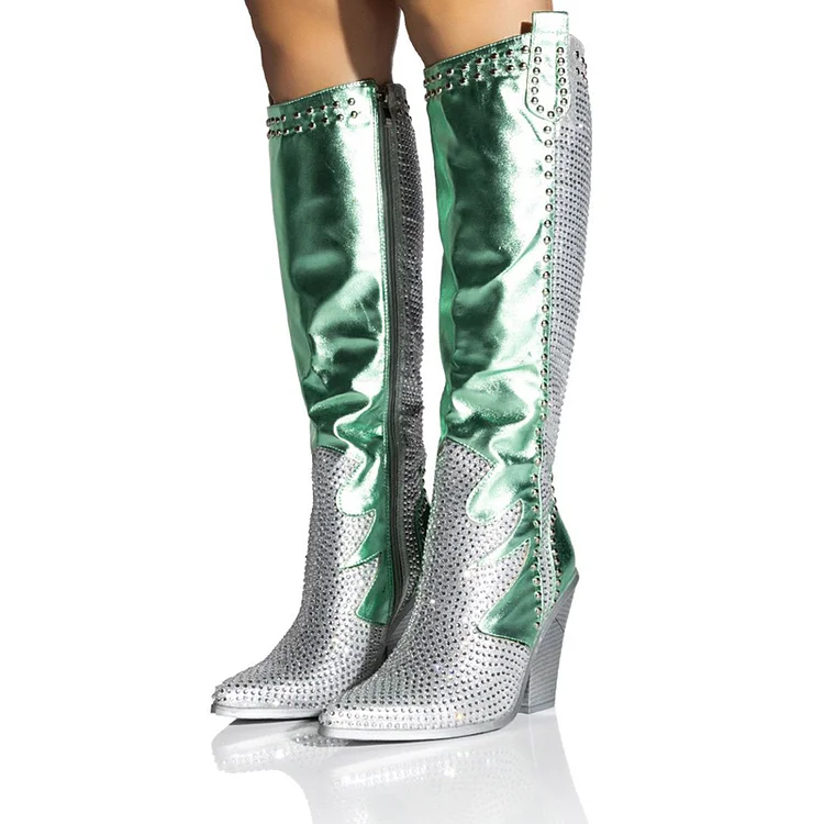 Silver & Green Block Heels Pointy Toe Rhinestone Shoes Knee Studs Western Boot |FSJ Shoes