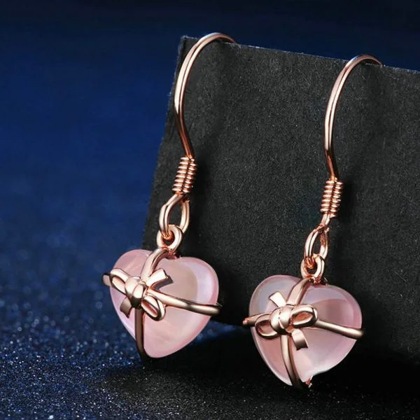 Natural Rose Quartz Gemstone Heart Rose Plated 925 Sterling Silver Drop Earrings For Women