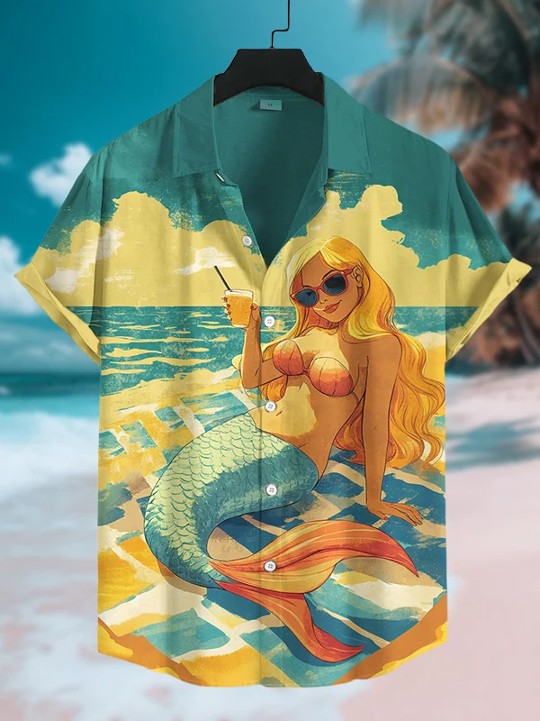 Men's Mermaid Basked On The Beach Print Vacation Shirt