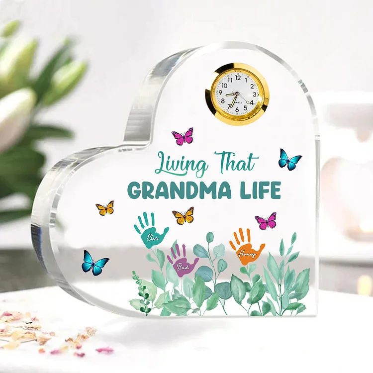 Personalized Heart-Shaped Acrylic Clock Keepsake Engraved 3 Names Heart Butterfly Ornament Grandparents' Day Gift for Mom Grandma