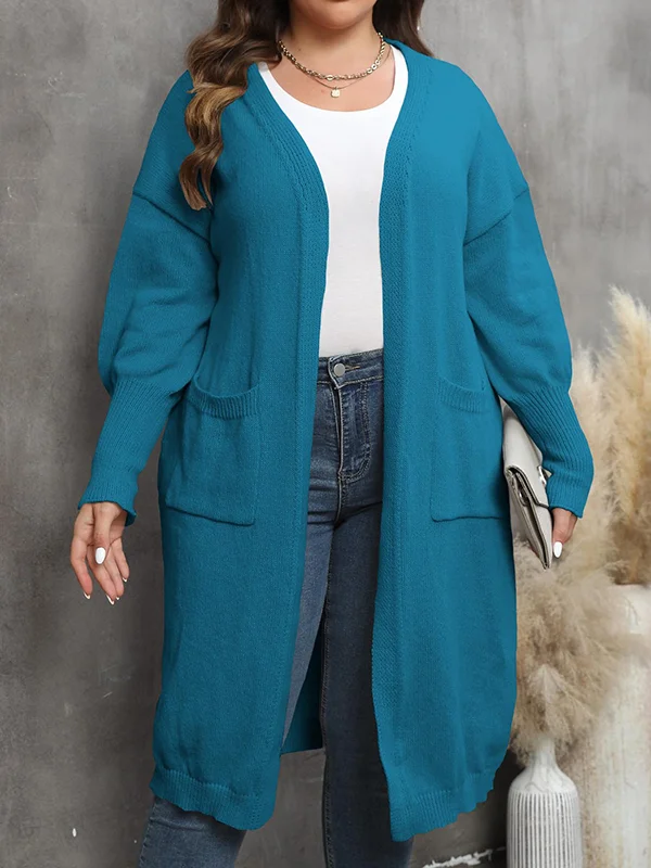 Pockets Solid Color Long Sleeves Loose Collarless Cardigan Tops