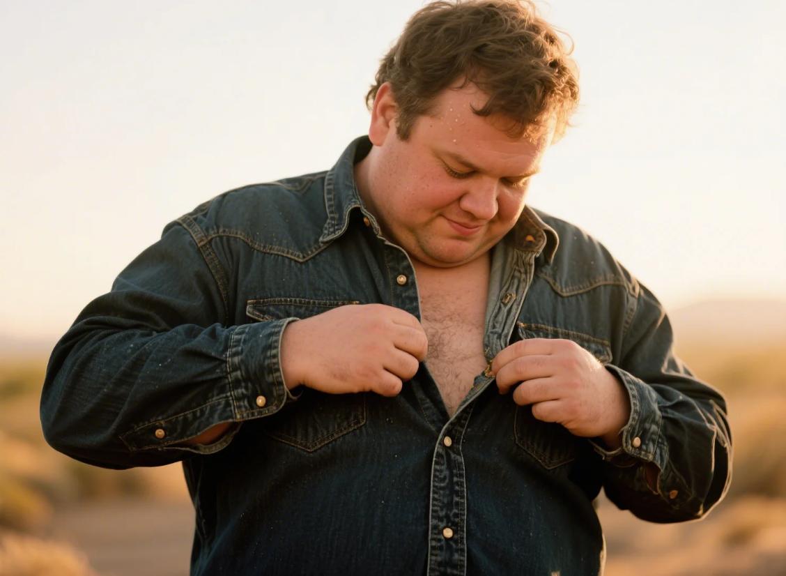 A big man wear a too tight Western shirt