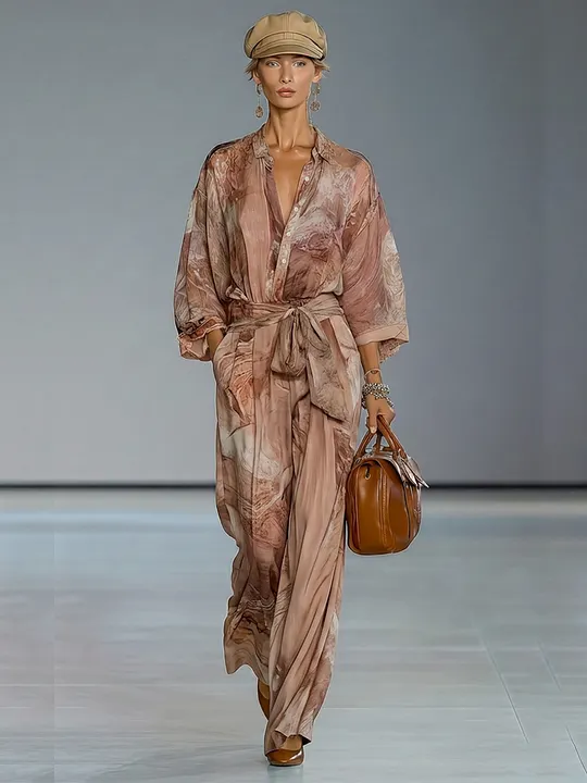 Women's Dusty Pink Print Chiffion Jumpsuit With Collared Half Placket & Self Tie Waist Belt, Modern Elegant Vacation Full Length Jumpsuit MD