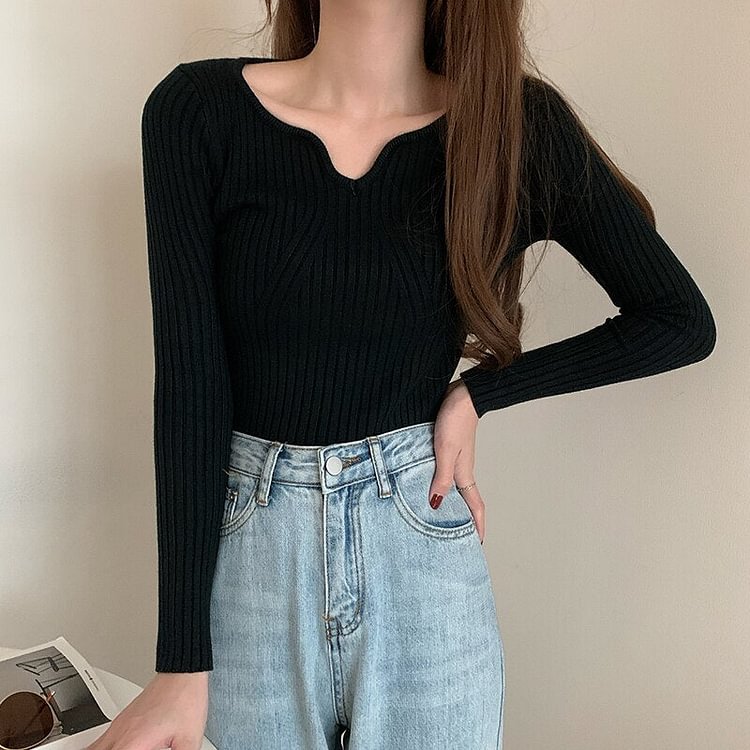 Christmas Gift New Women Knit Sweater Top Long sleeve heart-neck Casual Fashion Woman Slim-fit Tight Knitted sweaters Pullover Tops - BlackFridayBuys