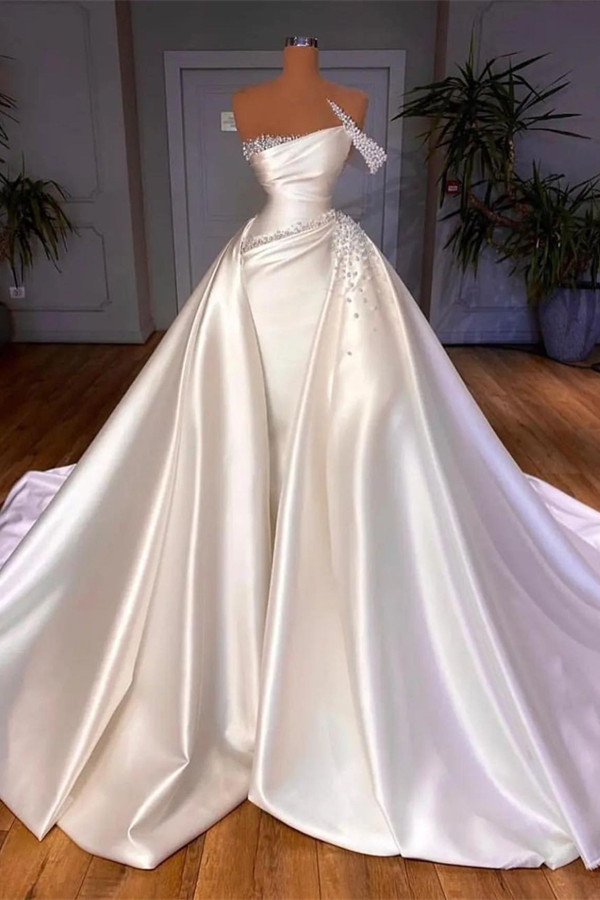 Dresseswow Strapless Mermaid Wedding Dress Overskirt Long With Pearls Online