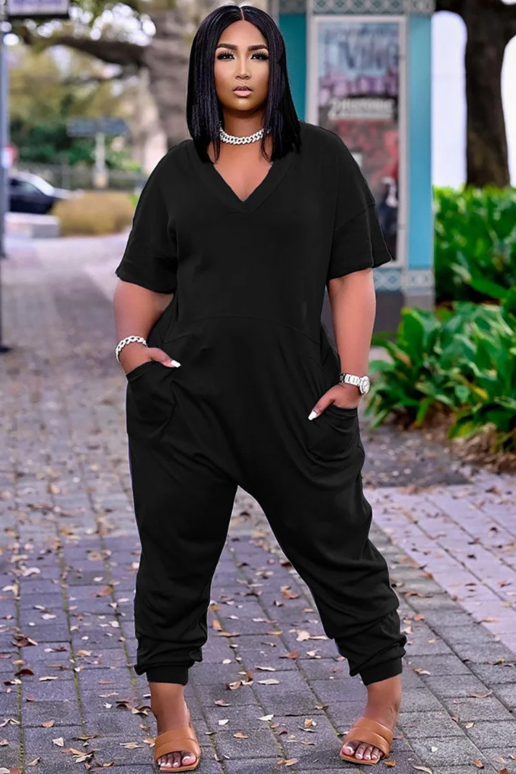 V Neck Short Sleeve Plain Casual Tapered Jumpsuit