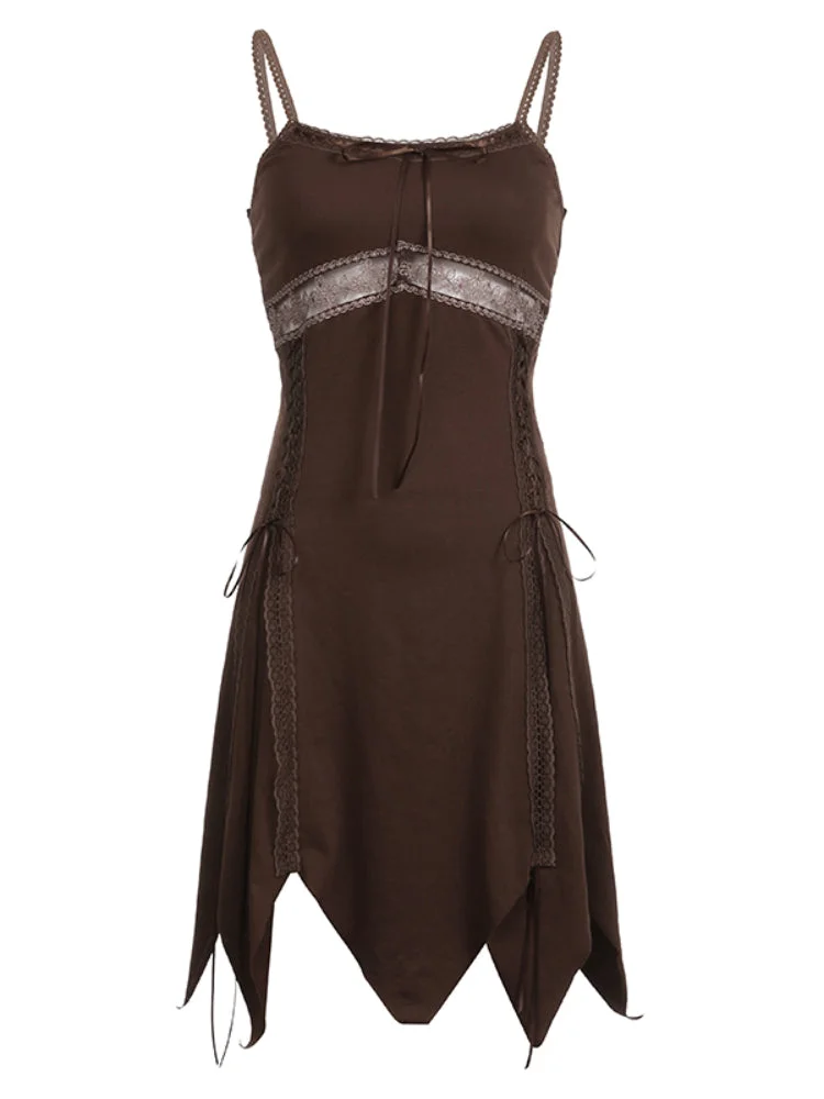 ABEBEY-Brown Lace Spliced Halter Sleeveless Dress