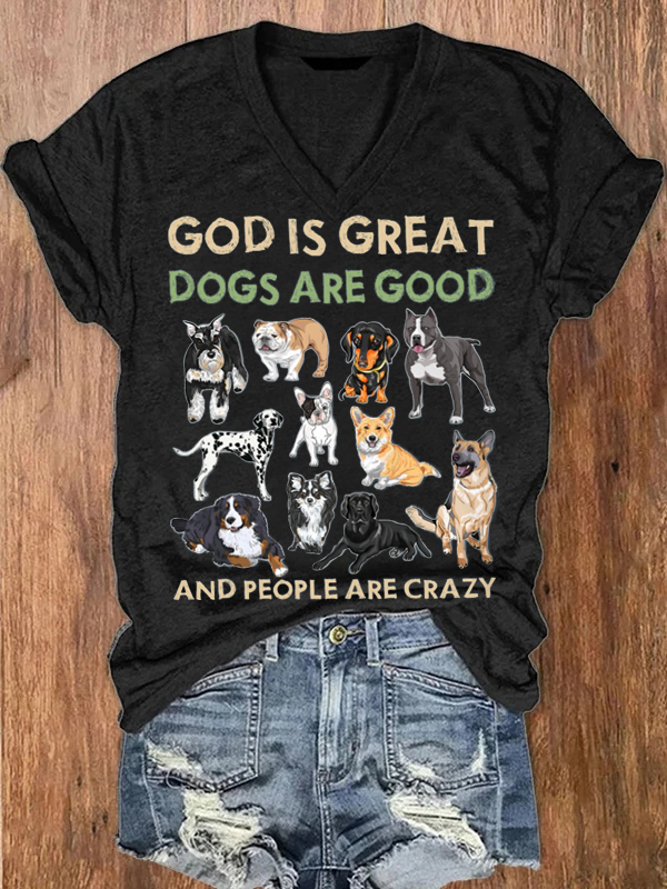 Vefave God Is Great Dog Is Good V Neck T Shirt