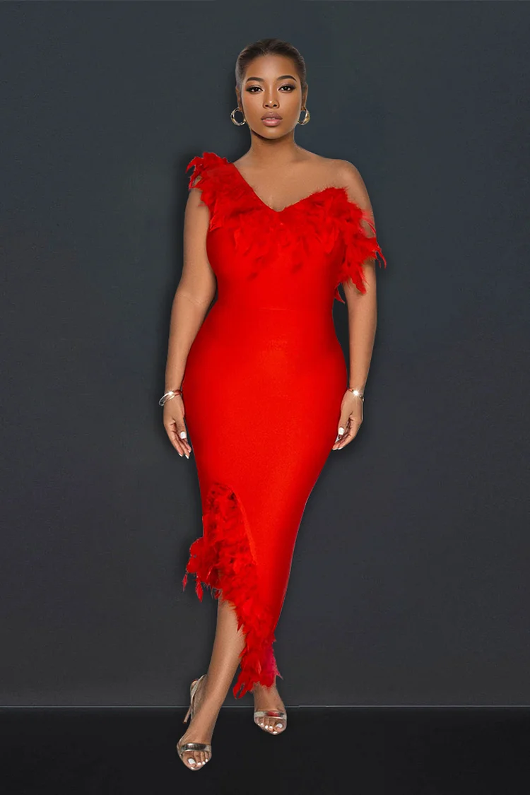 One Shoulder Asymmetric Feather Hem Bodycon Formal Party Midi Dresses-Red