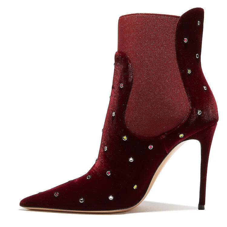 Burgundy Rhinestone Stiletto Heel Velvet Chelsea Boots Vdcoo
