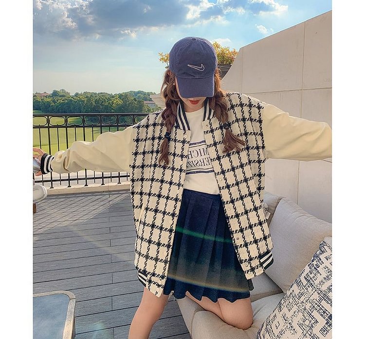 Faux Leather Panel Plaid Baseball Jacket TY185