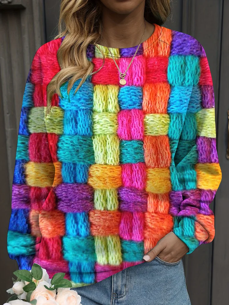Women's Contrast Rainbow Knitting Yarn Art Print Casual Sweatshirt