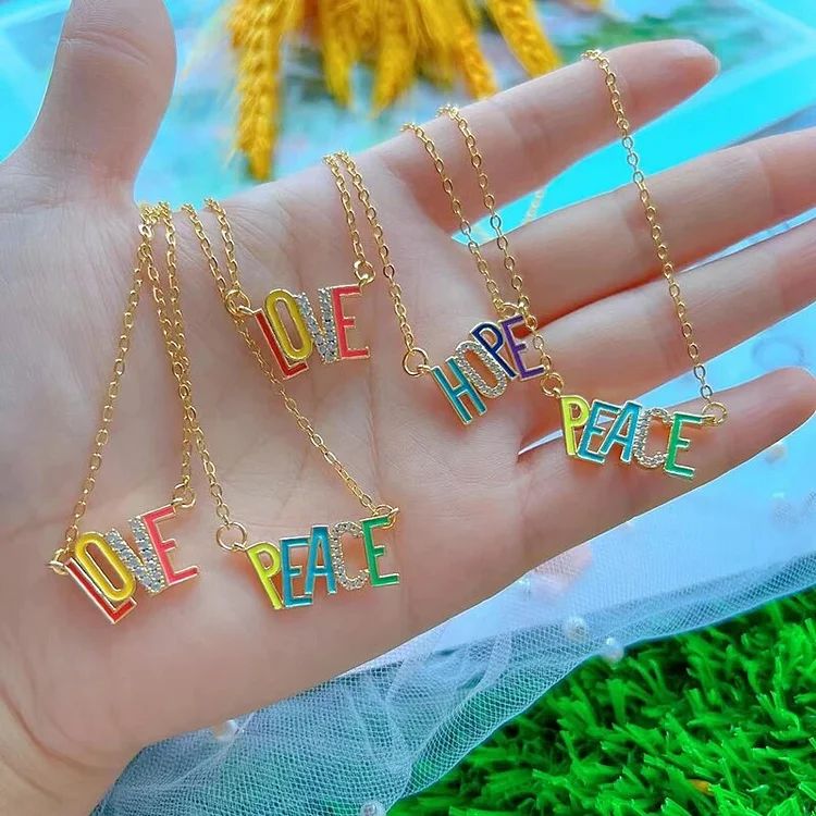 Fashion Colourful Enamel "LOVE""PEACE""HOPE"Letter Charm Necklace,18K Gold Plated Double Ear Zircon Jewelry Findings Supplies