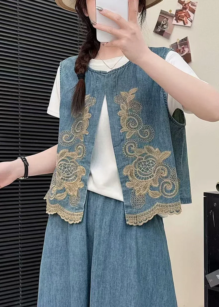 Elegant Light Green Embroideried Denim Vests Summer